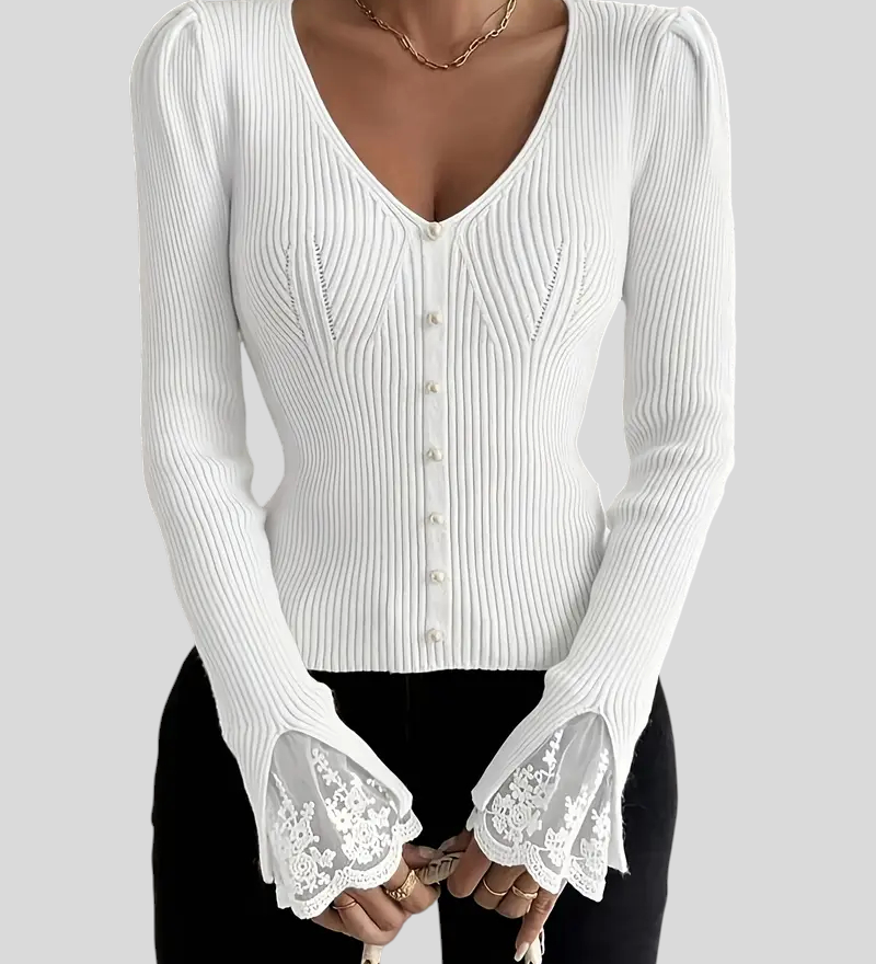 Zoja - Rebrasta Majica S V-Izrezom I Čipkastim Rukavima