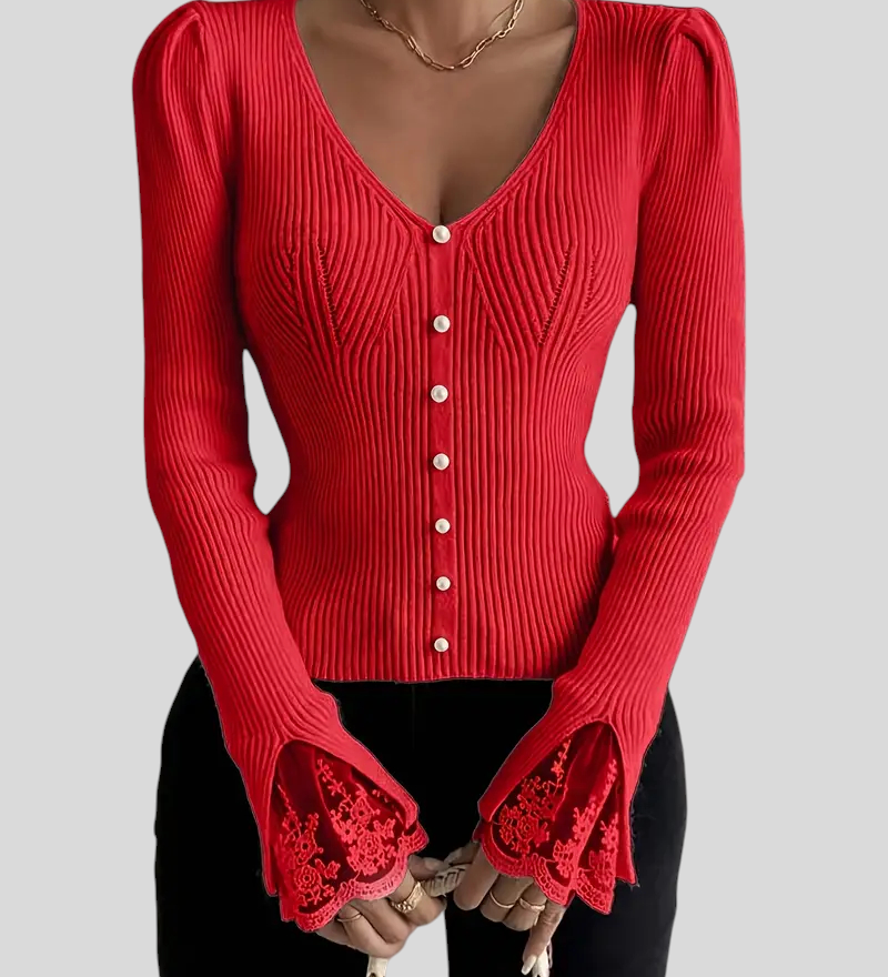 Zoja - Rebrasta Majica S V-Izrezom I Čipkastim Rukavima