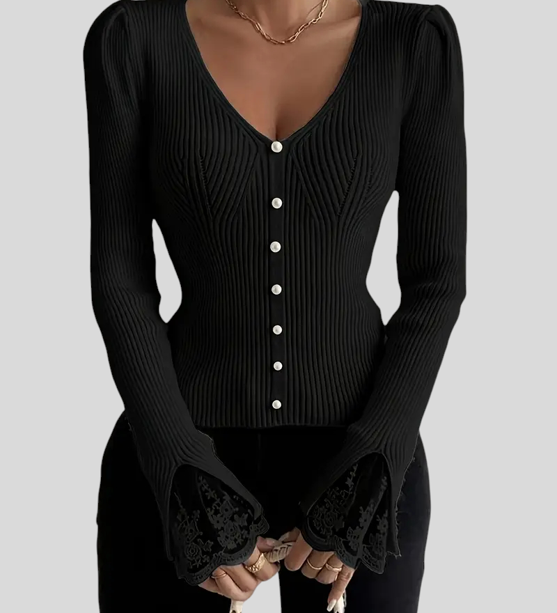 Zoja - Rebrasta Majica S V-Izrezom I Čipkastim Rukavima