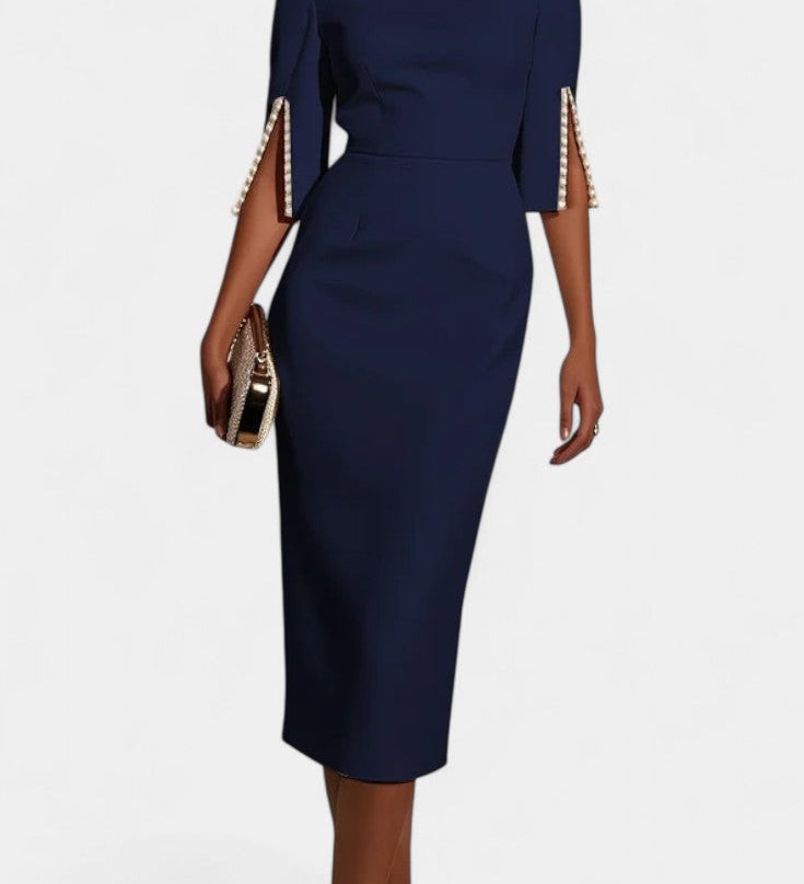 Vesna Midi Haljina s Bisernim Detaljima i Okruglim Izrezom