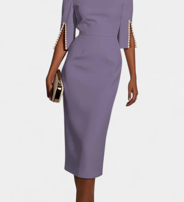 Vesna Midi Haljina s Bisernim Detaljima i Okruglim Izrezom