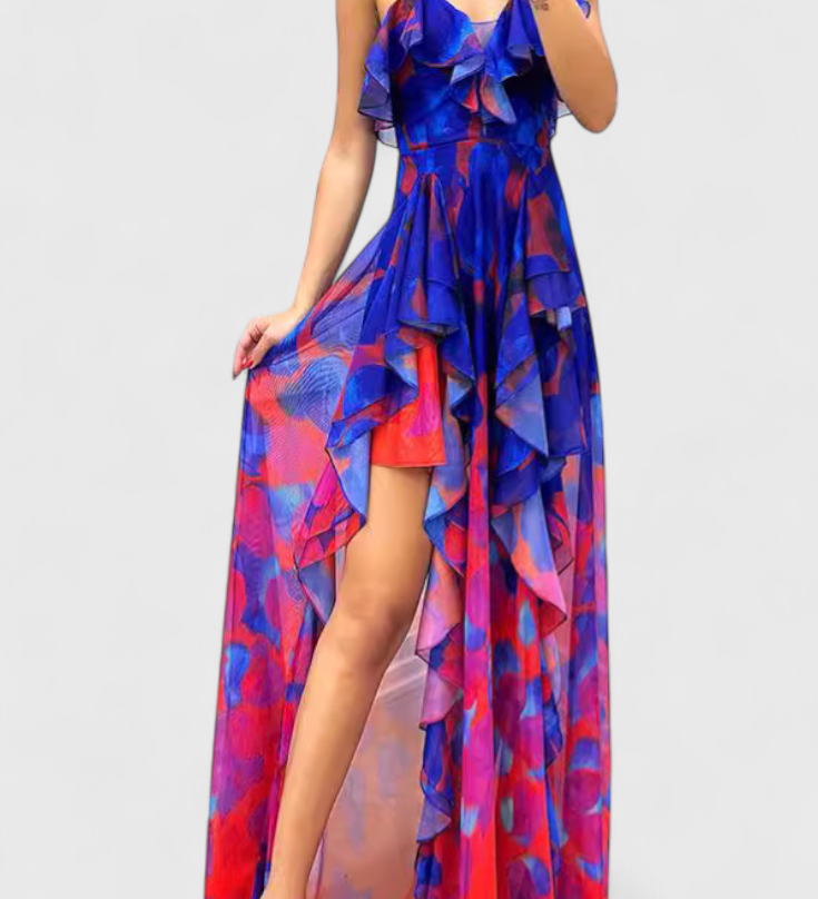 Zrinka Maxi Haljina bez Rukava s Volanima i Gradijent Otvorom